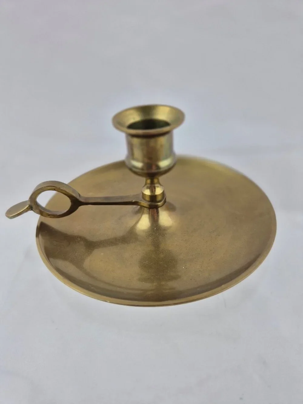 Vintage Brass Chamberstick Candle Holder Wide Round Drip Tray Finger Loop Handle